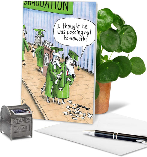 NobleWorks Funny Happy Graduation Card, Cartoon Humor for Grad, Dog Graduation, Notecard with Envelope