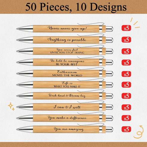 Fulmoon 50 Pcs Inspirational Quote Bamboo Pen Bulk, Motivational Black Ink Ballpoint Pen for Office Supplies