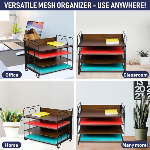 Office Organizer with 4 Tiers, Desk File Organizer with Wood Patterned Shelves for Storage of Paper, Bills, Letters