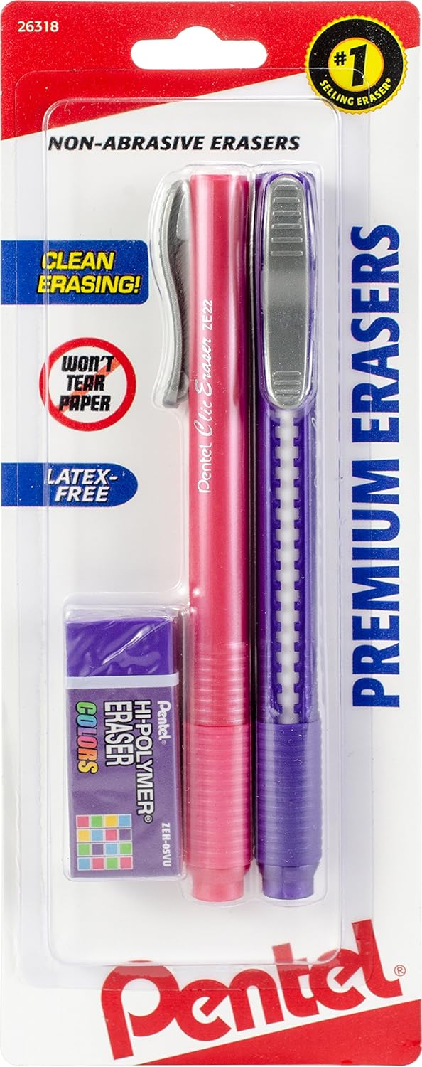 Pentel 3 Eraser Pack - 2 Clic Erasers, 1 Small Block Eraser