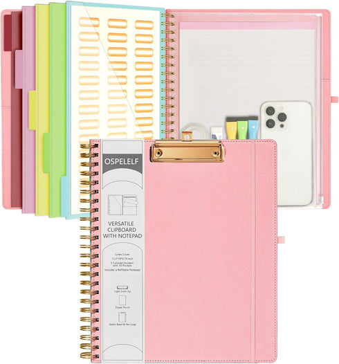 Ospelelf Pink Foldable Spiral Clipboard Folio with 39 Stickers, 5 Plastic Folders, 10 Pockets, Zipper Pouch, Refillable
