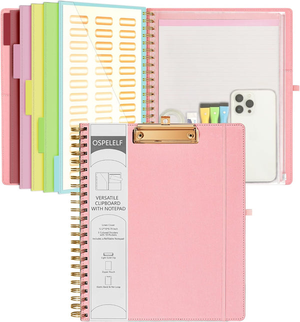 Ospelelf Pink Foldable Spiral Clipboard Folio with 39 Stickers, 5 Plastic Folders, 10 Pockets, Zipper Pouch, Refillable