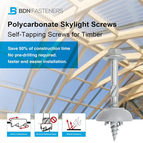 Polycarbonate Skylight Screws #12×2", Hex Flange Head Self-Tapping Screws for Timber, 50pcs