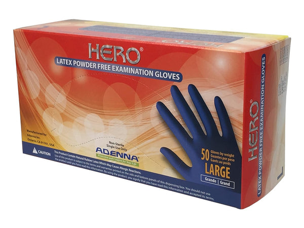 Adenna HER006 Hero 14 mil Powder-Free Latex Gloves, Medical Grade, Blue, Large, Box of 50