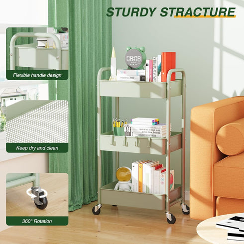 LEHOM 3 Tier Rolling Storage Cart - Metal Trolley Utility Cart with Wheels & Hooks for Bathroom Kitchen Office Bedroom