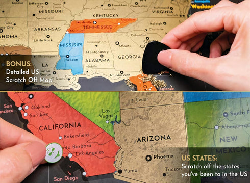 Two Scratch-Off Maps: World Map 17x24" + USA Map, Deluxe Travel Posters with Accessories
