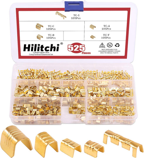 Hilitchi 525Pcs Non-Insulated U Shape Copper Ring Terminals Crimp Assortment Kit TC-1, TC-A, TC-B, TC-C, TC-T