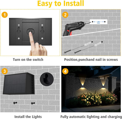 4 Pack IP65 (3000K T-SUN Solar Powered Wall Lights Outdoor Waterproof Up and Down Fence Lights for Outside Patio