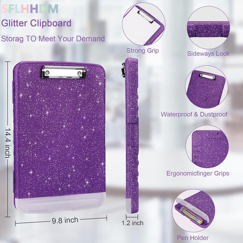 Glitter Clipboard with Storage,Storage Clipboard with Pen Holder,A4 Binder Clip Boards 8.5x11 with Low Profile Clip,Side Opening Sparkle Clipboards, Clipboard Folder for Office Supplies-Dark Purple by SFLHHDM