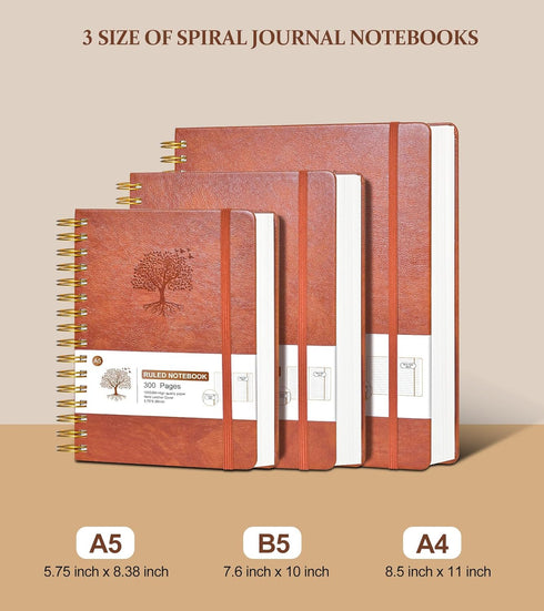 Lined Spiral Notebook Journal, 300 Pages A5 College Ruled Leather Notebooks for Women Men, 100 GSM Thick Paper