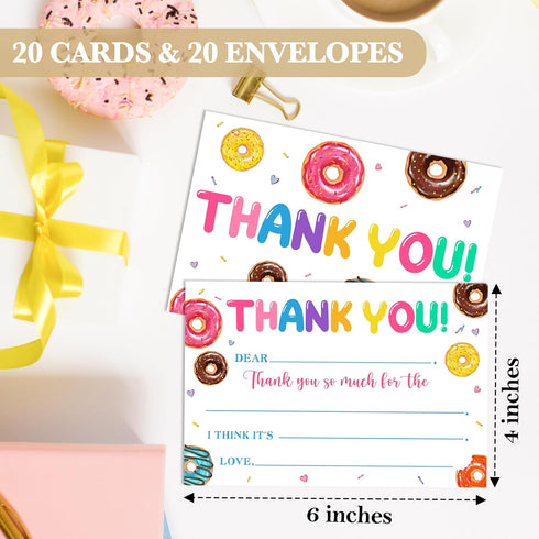 HMJKL 20 Pack (06) Donut Thank You Cards Fill in the Blank, Sweet Donut Thank You Notes for Kids, Roller Skate Thank