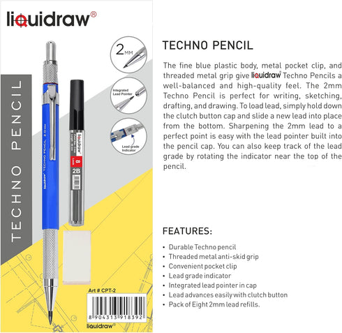 Mechanical Clutch Pencil 2mm with 8 x 2B Leads, Eraser & Integrated Sharpener for Technical Drawing