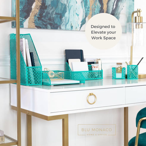 BLU MONACO 6 Piece Dark Teal Desk Organizer Set - Teal Desk Accessories for Women, Desktop Organization