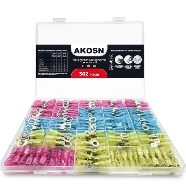 302Pcs Electrical Crimp Wire Terminal, Heat Shrink Connectors Kits for Ring, Fork, Female, Male Quick Disconnect