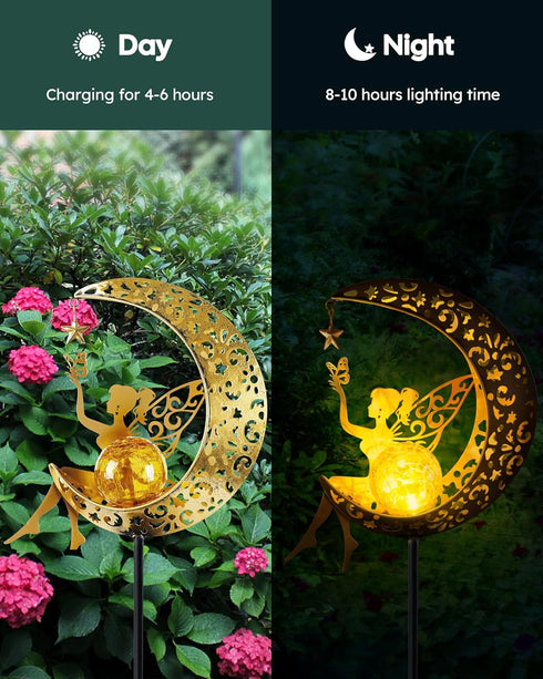 Vuees Solar Garden Statues Outdoor Decor, Fairy Moon Figurine Light Stake, Housewarming Ornament for Patio, Lawn, Yard