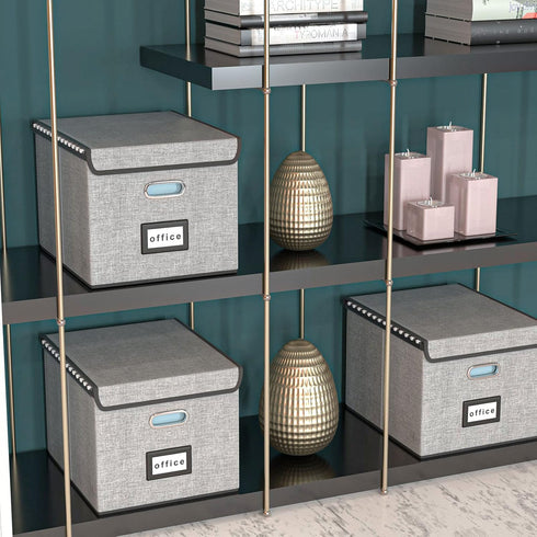 Huolewa Upgraded Collapsible File Storage Organizer Boxes with Lids, Portable Large Linen Filing Storage Boxes (Grey) -