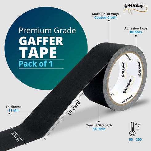 2 in x 10 Yd Black Gaffers Tape, Heavy Duty Non-Reflective Waterproof Matte Gaffer Stage Tape for Photography