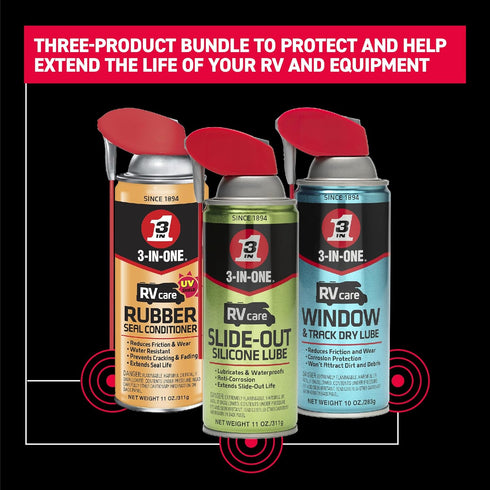 3-IN-ONE Pack 11 oz, 10 oz 11oz. RV Care Trio Includes Slide Out Lube Window & Track Lube and Rubber Seal Conditioner