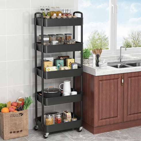 Sywhitta 5-Tier Plastic Rolling Utility Cart with Handle, Multi-Functional Storage Trolley for Office, Living Room,
