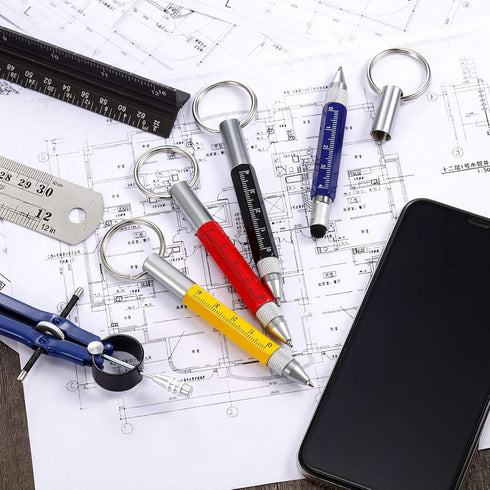 Zonon 4 Pieces 6 in 1 Multitool Tech Tool Pen with Ruler, Two-head Ballpoint Refills for Office Staff, Construction