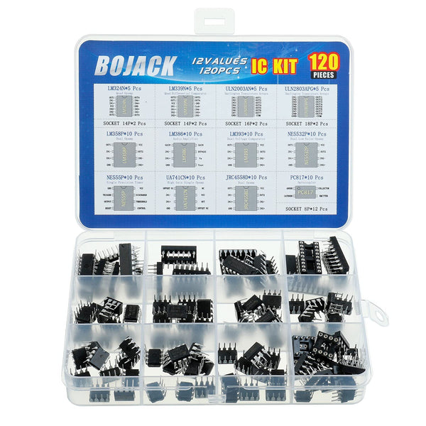 BOJACK 120 Pcs Opamp Timer Darlington Phototcoupler IC Assortment Kit - LM324, LM339, ULN2003AN, and More