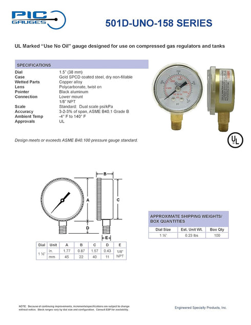 PIC Gauges 501D-UNO-158Q-C 0-4000 PSI, UL Listed, No Oil Pressure Gauge, 1 1/2" Dial, Dual Scale