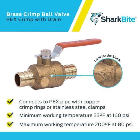 SharkBite 3/4 Inch Crimp Ball Valve with Drain - Brass Plumbing Fitting for PEX Pipe, PE-RT, 24613LFA