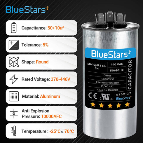 50+10 uf 370-440VAC ±5% Volts Round Run Start Capacitor Electric Replacement Part by BlueStars - Exact Fit for HVAC, Air Conditioners, Heat Pumps
