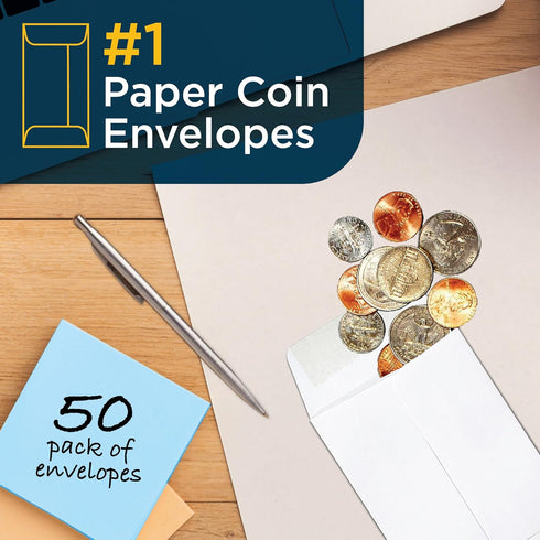 Guardian #1 Paper Coin Envelopes with Gummed Flaps, Pack of 50 Small Blank Envelopes for Gift Cards, Coins, White