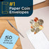 Guardian #1 Paper Coin Envelopes with Gummed Flaps, Pack of 50 Small Blank Envelopes for Gift Cards, Coins, White