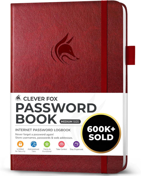 Clever Fox Password Book - Medium Internet Address Organizer Logbook with Alphabetical Tabs (Wine Red)