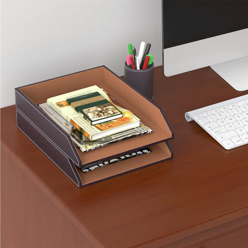 Thipoten Leather Letter Tray, Stackable Desk Organizer Holder for Office Supplies, Paper, and Files, Brown-2Tiers