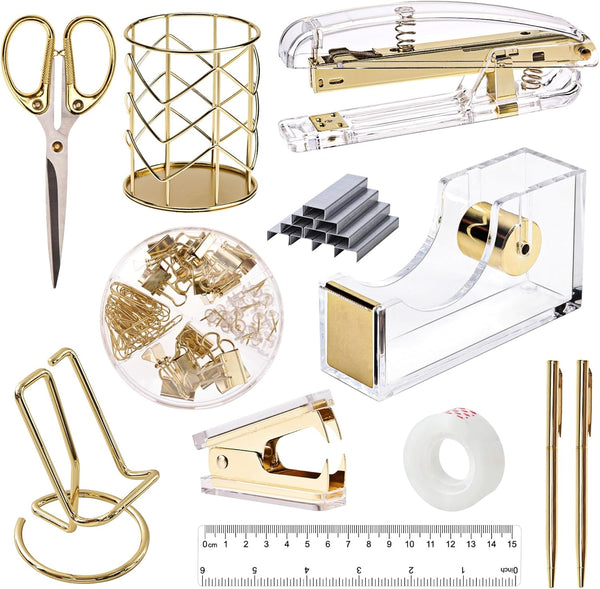 EOOUT Gold Office Supplies Set, Acrylic Stapler, Tape Holder, Phone Holder, Scissors, Binder Clips, Ruler, and More