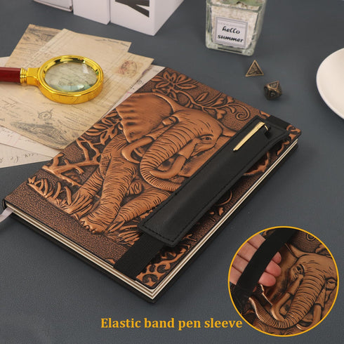 Vintage Elephant Embossed Leather Notebook with Ballpoint Pen, A5 Hardcover Notebook for Business Notepad, Red Copper