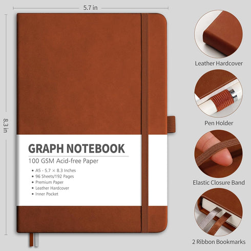 RETTACY Graph Paper Notebook - Graph Grid Paper Notebook with 192 Pages, Notebooks for Work, School, 100 GSM Paper, Leather Hardcover, Inner Pocket, 5.7'' × 8.3'' (Brown) by RETTACY