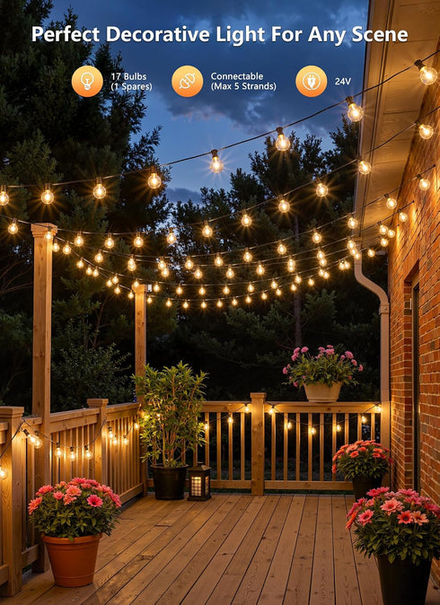 55FT 17 G40 Bulbs Dimmable Brightown Outdoor String Lights, Shatterproof Patio Lights, Waterproof Hanging Connectable