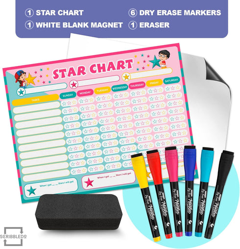 Magnetic Reward Chart for Kids, Dry Erase 13” X 17” Multiple Kids Refrigerator Star Behavior Chore Chart for Home,