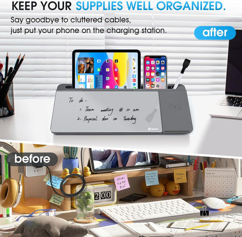 Varhomax Glass Desk Whiteboard with Wireless Charger, Dry Erase Board with Storage for Home and Office