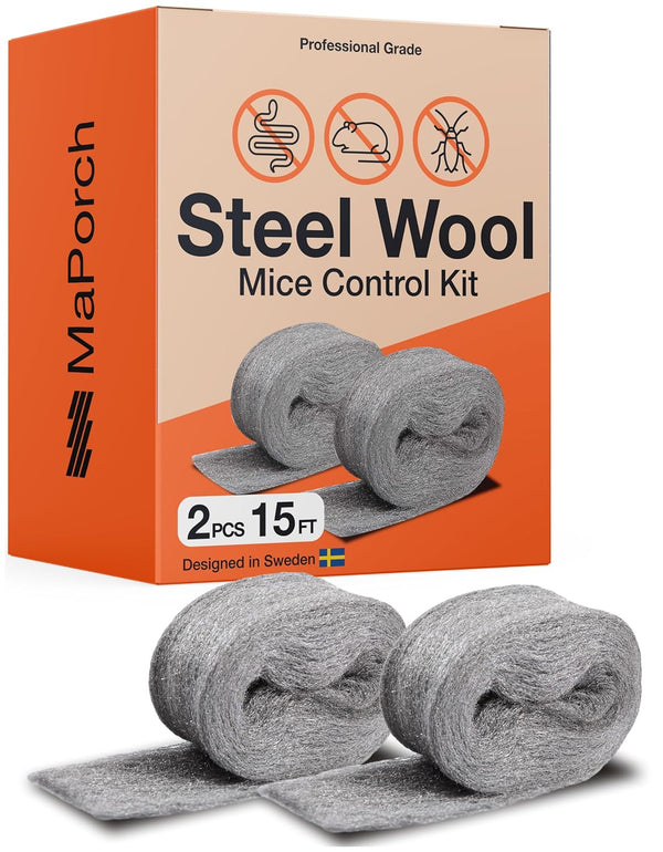 MaPorch Stainless Steel Wool Mouse Hole Filler, 2-Pack, 3.2 in x 7.5 ft, Flexible Rodent Defense with Gloves & Scissors