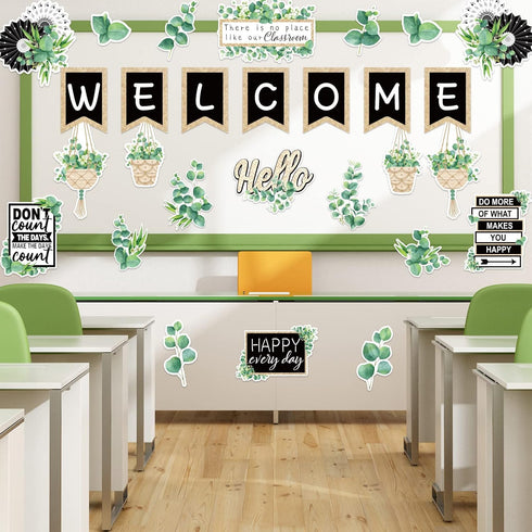 Whaline 29 Pieces Eucalyptus Bulletin Board Set, Welcome Banner and Boho Greenery Calendar Cutout Decorations for