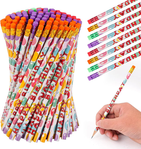 Kolewo4ever 100 Pcs Happy Birthday Pencils, Colorful Printed for Students, Classroom with Top Erasers