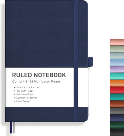 RETTACY A5 College Ruled Notebook Journal, 192 Numbered Pages, 100 GSM Acid-Free Paper, Leather Hardcover