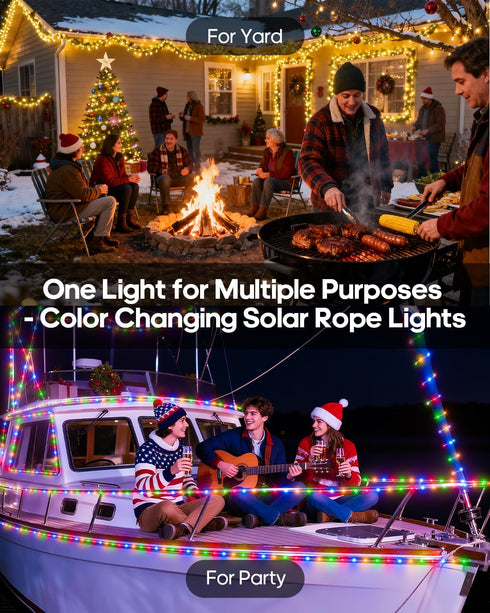 66Ft 200LED 1800mAh 19 IP67 ICRGB Solar Rope Lights Outdoor, Christmas String Lights with Remote, Type C, Modes