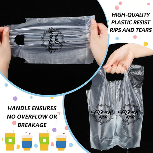 1000 2 1 Kisston Pcs Drink Carrier for Delivery, Plastic Carrier Bags Thank You Clear Handle Drink Poly Bags Bulk