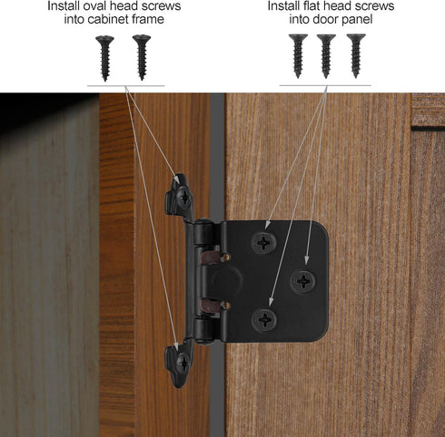 4 Pack (2 Pair) Matte Black Self Closing Cabinet Hinges for Flush Mount Kitchen Cabinet Door