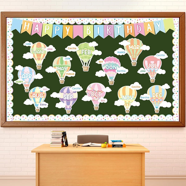 Birthday Bulletin Board Classroom Decorations, Colorful Hot Air Balloon Cutouts and Cloud Name Tags for Wall Decor