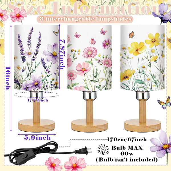 Tujoe 3 3 Pcs Spring Flower Bedside Lamp Cottage Core Decor with Interchangeable Fabric Shades Nightstand Lamp Rustic