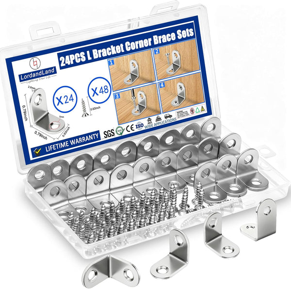 24PCS L Bracket Corner Brace, Stainless Steel L Brackets for Shelves, Metal