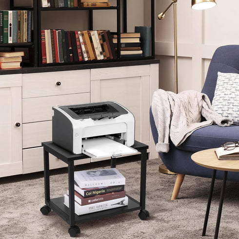 Under Desk Printer Stand - Classic Black 2-Tier Mobile Printer Table with Storage Shelf, Heavy Duty Wood Cart with