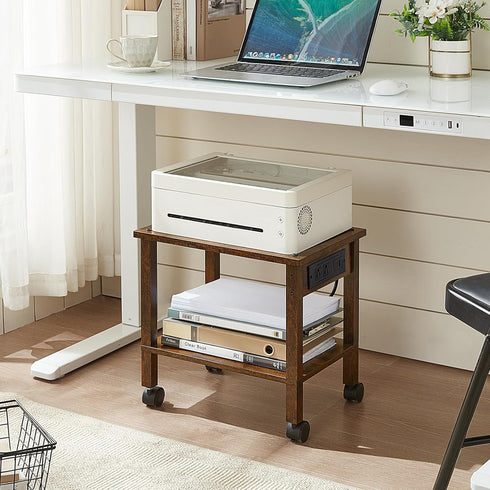 YUFAM 2 Tier Under Desk Printer Stand with Storage, Small Printer Table with Charging Station, Rolling Printer Cart